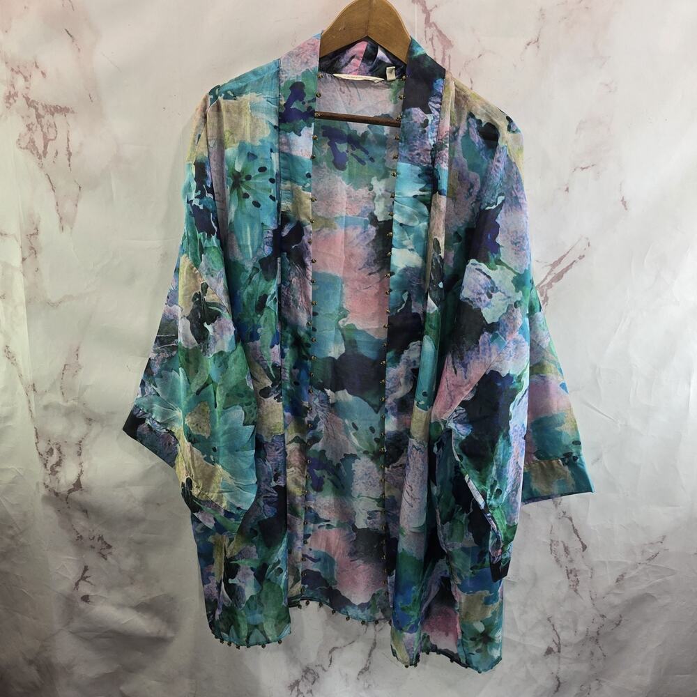 Soft Surroundings Kimono Womens Floral Wrap Tie Topper Cover Watercolor - Picture 11 of 13